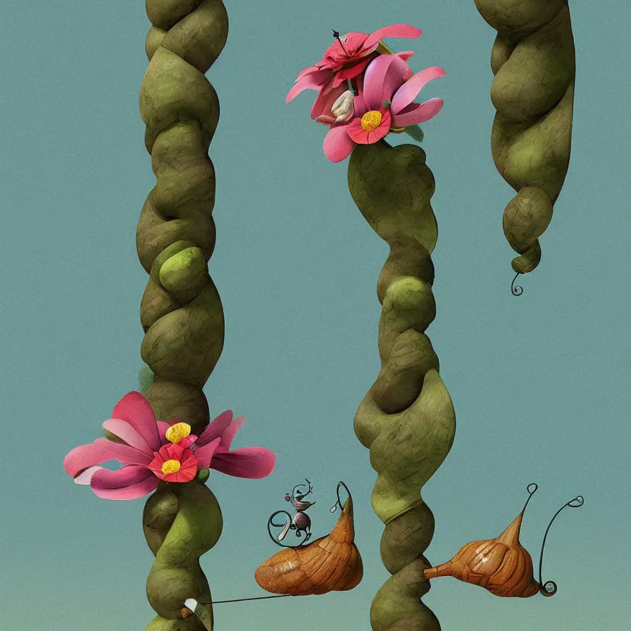 Image similar to Side view of a snail climbing up the pole of the tallest flower in the field, art by Goro Fujita