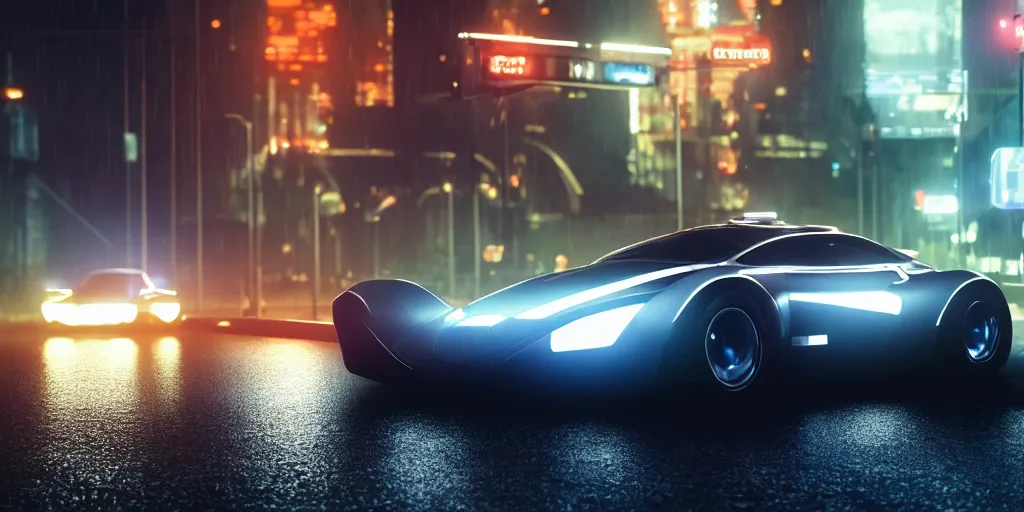 Prompt: cinematic movie scene, beautiful Product shot film still of a Syd Mead futuristic modern sleek automobile speeding down a wet street at night in cyperpunk city, motion, hard surface modeling, volumetric soft lighting, style of Stanley Kubrick cinematography, 8k H 768