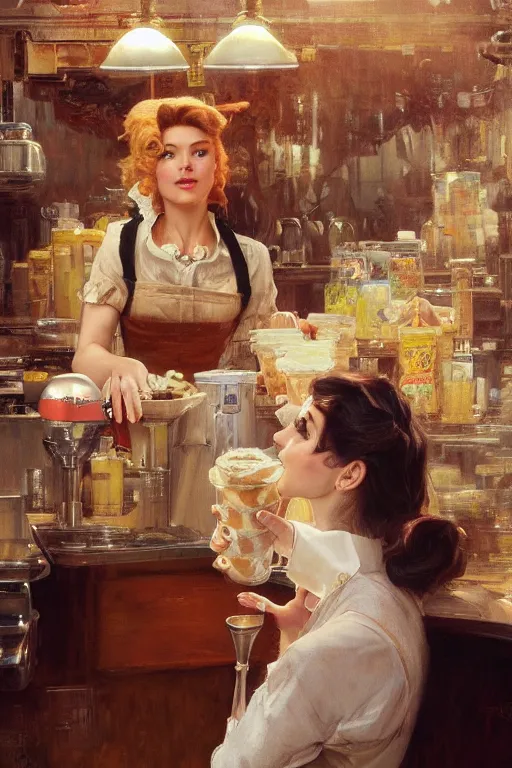 Image similar to a female anthro wolf serving milkshakes as a waitress, 5 0's diner, 4 k, furaffinity, trending on artstation, very expressive face, by gaston bussiere, craig mullins, sakimichan, gustav klimt, artgerm, greg rutkowski, alphonse mucha