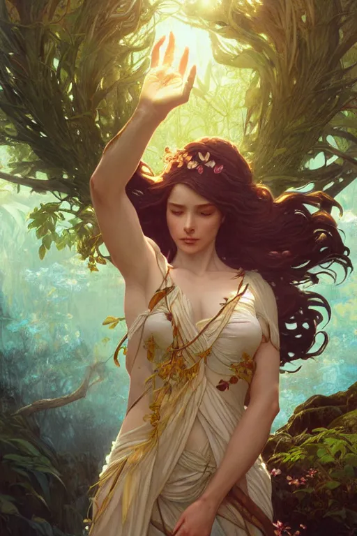 Image similar to goddess of nature, accurate anatomy, only two hands, highly detailed, digital painting, artstation, concept art, smooth, sharp focus, illustration, Unreal Engine 5, 8K, art by Ross Tran and greg rutkowski and alphonse Mucha