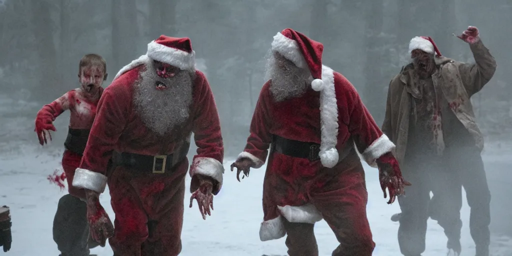 Image similar to Children running away from zombie Santa, Christmas horror movie fog dark blood by Jordan Peele