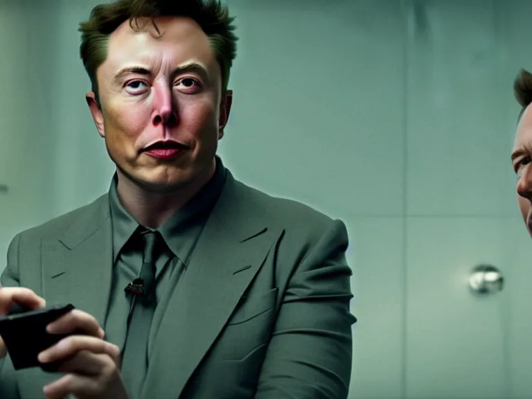 Image similar to hyperrealism aesthetic ridley scott and denis villeneuve style photography of a detailed giant elon musk, siting on a detailed ultra huge toilet and scrolling his smartphone in hyperrealism scene from detailed art house movie in style of alejandro jodorowsky and wes anderson