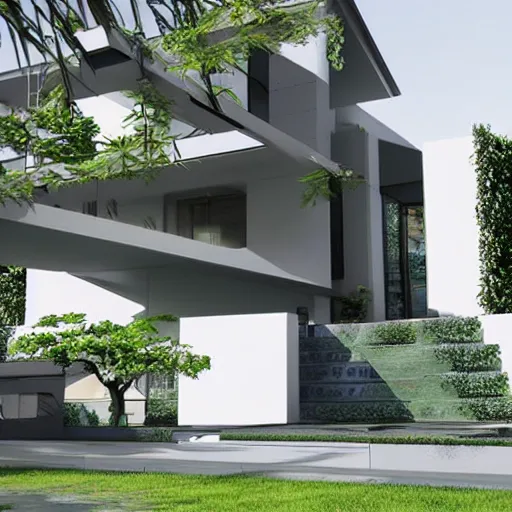 Prompt: an architectural drawing of a modern house with a courtyard, detailed, lush,