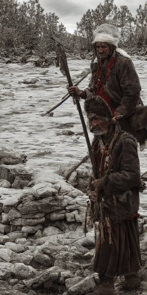 Image similar to Selknam man with corporal pain during the Hain Ceremony in Tierra Del Fuego in 1923, unreal 5, hyper realistic, realistic, photo realistic, dynamic lighting, highly detailed, cinematic landscape, studio landscape, studio lighting