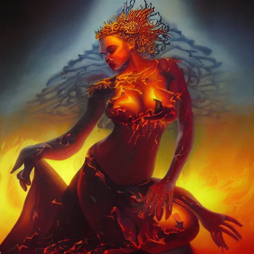 Image similar to A beautiful painting of a goddess with a body made of flames by Jim Burns, fantasy, Trending on artstation.