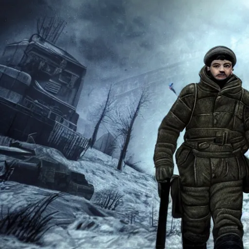 Image similar to young Lech Wałęsa as a game character in metro 2033