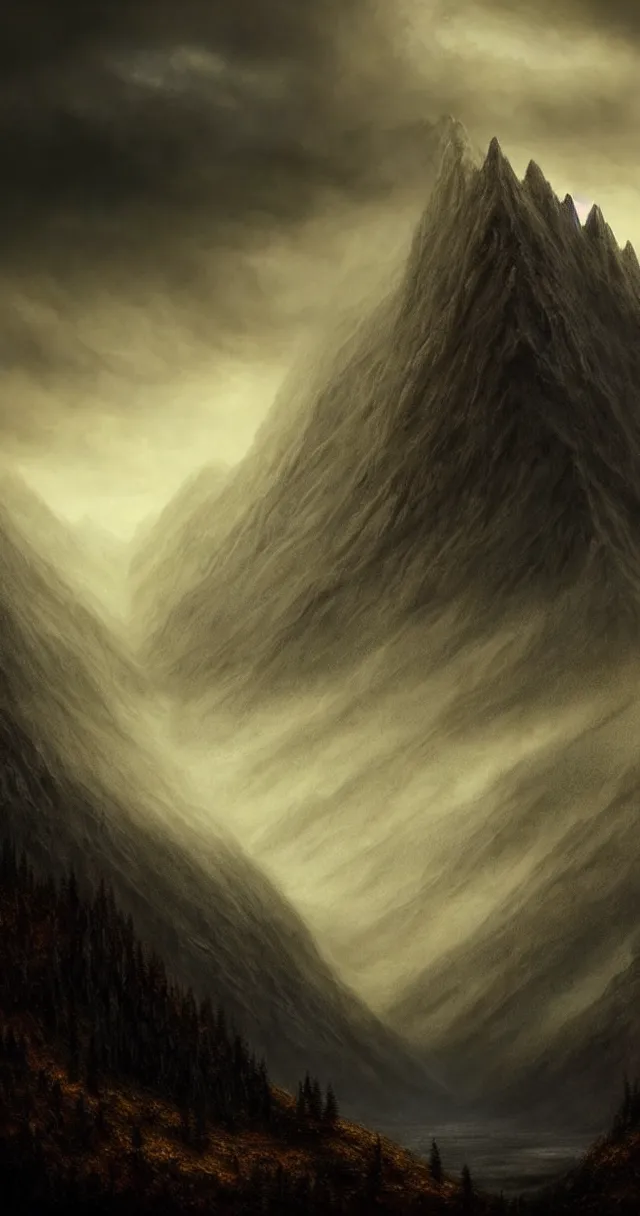 Prompt: epic professional digital art of hungry foreboding mountain, faint golden moody atmospheric lighting, painted, intricate, detailed, detailed, foreboding, by leesha hannigan, wayne haag, reyna rochin, ignacio fernandez rios, mark ryden, iris van herpen,, epic, stunning, gorgeous, much wow, cinematic, masterpiece.