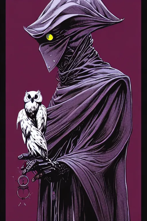 Image similar to side view of majestic alchemists cloaked wizard holding his pet owl on his glove, high details, bold line art, by vincent di fate and joe fenton, inking, etching, screen print, masterpiece, trending on artstation, sharp, high contrast, hyper - detailed,, hd, 4 k, 8 k