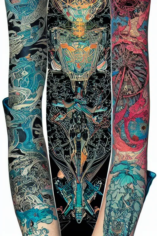 Image similar to tattoo arm sleeves by kilian eng and victo ngai and james jean