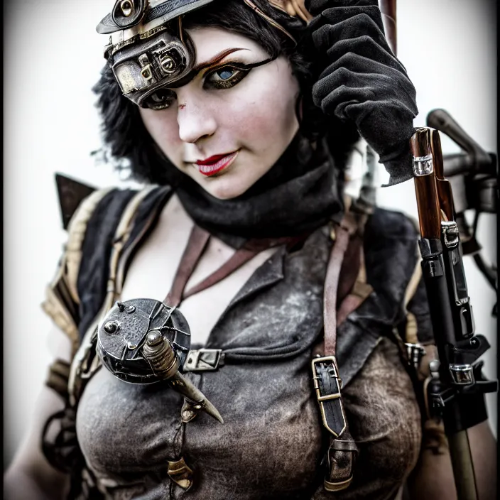 Image similar to photograph of a real - life very beautiful dieselpunk warrior. extremely detailed. dslr. 8 5 mm.