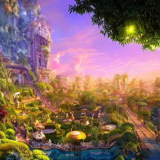 Prompt: hanging gardens, beautiful garden city, lush paradise, matte painting, opulent, golden hour lighting