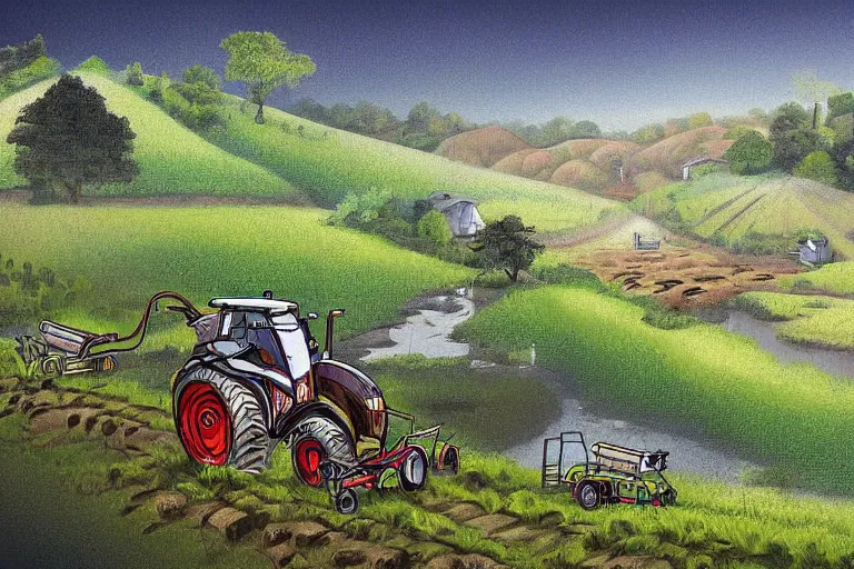 Image similar to digital masterpiece artwork of robots farming on a hillside overlooking a creek, by peter alexander