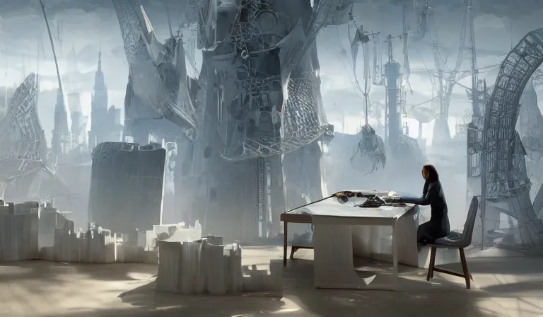 Prompt: gediminas pranckevicius group of people in simple white museum, looking at hologram of futuristic city on a table, cinematic concept art, godrays, golden hour, natural sunlight, 4 k, clear details, tabletop model buildings, center model buildings, hologram center, crane shot, crane shot, crane shot