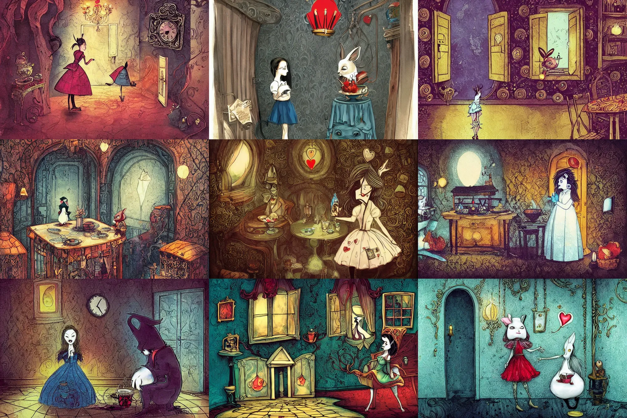 Prompt: Alice goes on an errand to the White Rabbit\'s house, drinks another mystery drink, and gets stuck in a room of the house , art style Megan Duncanson and Benjamin Lacombe, super details, dark dull colors, ornate background, mysterious, eerie, sinister