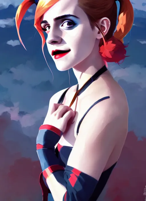 Prompt: portrait of emma watson as harley quinn, cloudy sky background lush landscape illustration concept art anime key visual trending pixiv fanbox by wlop and greg rutkowski and makoto shinkai and studio ghibli