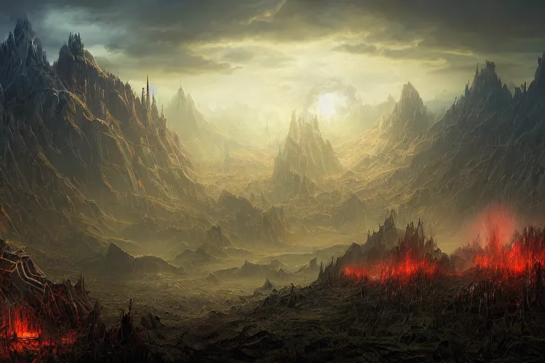 Image similar to Aztec primordial chaos fantasy landscape with sinister glows by Jessica Rossier and HR Giger