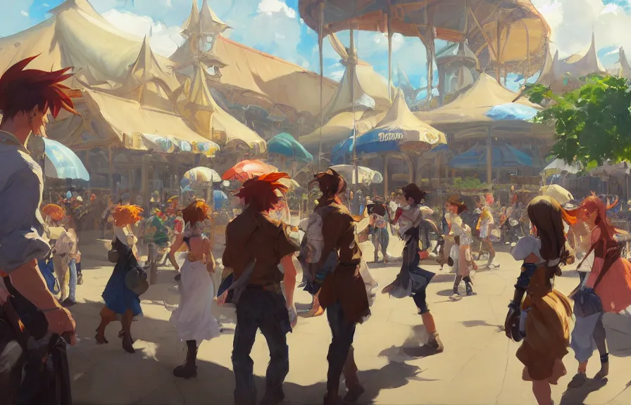 Image similar to greg manchess concept art of the millennial fair from chrono trigger, outdoor fairgrounds, striped pavillions, leene's bell, key visual, ambient lighting, highly detailed, digital painting, artstation, concept art, sharp focus, by makoto shinkai and akihiko yoshida and hidari and wlop and greg rutkowski