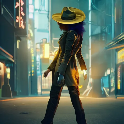 Image similar to beautiful female cyborg wearing cowboy hat walking in art deco cyberpunk alley, brilliant long green hair, glowing golden eyes, wearing long trench coat, bright silver revolvers in holsters, dynamic dramatic golden moody lighting, volumetric lighting, shadows,cinematic atmosphere,Artstation, hyperrealistic 3D digital art,Octane render,8K 4K UHD image