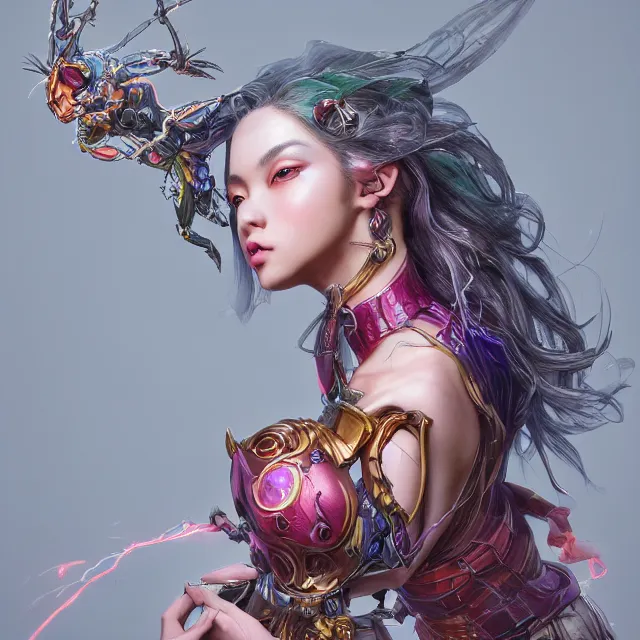 Prompt: studio portrait of lawful good colorful female divine mech spiderwoman as absurdly beautiful, elegant, young pretty gravure idol, ultrafine hyperrealistic detailed face illustration by kim jung gi, irakli nadar, intricate linework, sharp focus, matte, octopath traveler, final fantasy, unreal engine highly rendered, global illumination, radiant light, intricate