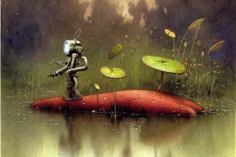 Image similar to adventurer ( ( ( ( ( 1 9 5 0 s retro future robot mouse amphibious vehical home android. muted colors. swamp mushrooms. water lilies ) ) ) ) ) by jean baptiste monge!!!!!!!!!!!!!!!!!!!!!!!!! chrome red