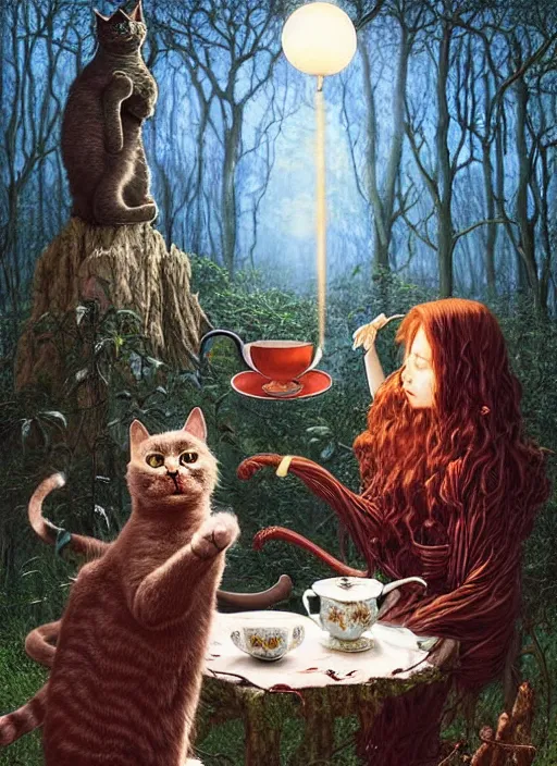 Image similar to cat having tea with a witch at a shrine in the woods gorgeous lighting, lush forest foliage blue sky a hyper realistic painting by chiara bautista and beksinski and norman rockwell and greg rutkowski weta studio, and lucasfilm