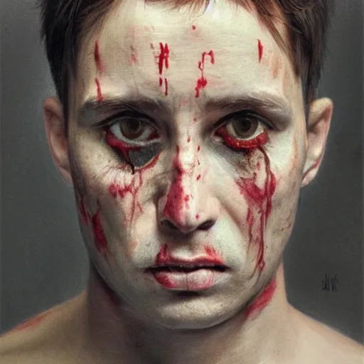 Image similar to high quality high detail painting by juan francisco casas, hd, portrait of a psychopath, intense unsettling look in the eyes, photorealistic lighting