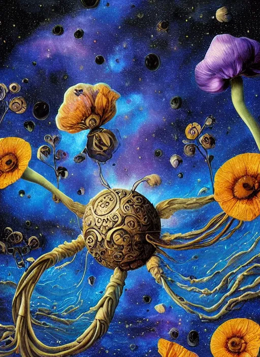 Image similar to detailed, intricate blue black and purple papaverum flower on the field, nebula, galaxy in the sky, winning award masterpiece, fantastically beautiful, illustration, aestheticly inspired, jacek yerka, upscale with anguissola sofonisba work, artstation, 8 k