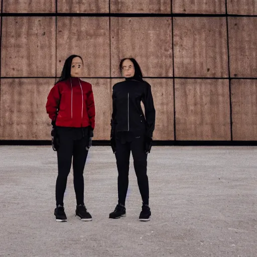 Prompt: photograph of 2 women wearing techwear in front of a brutalist metal building, on a desolate plain, red eerie sky, sigma 8 5 mm f / 1. 4, 4 k, depth of field, high resolution, 4 k, 8 k, hd, full color