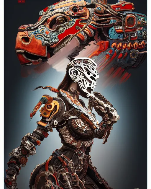 Image similar to portrait of a machine from horizon zero dawn, machine face, upper body, decorated with chinese opera motifs, asian, traditional chinese art, intricate, elegant, highly detailed, digital painting, artstation, concept art, smooth, sharp focus, illustration, art by artgerm and greg rutkowski and alphonse mucha, 8 k