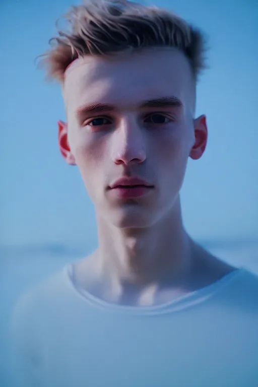 Image similar to high quality pastel coloured film mid angle selfie photograph of a beautiful young 2 0 year old male, soft features, standing in an icelandic black rock environment. atmospheric. three point light. photographic. art directed. ( pastel colours ). volumetric light. stark. waves glitch. 8 k. filmic.