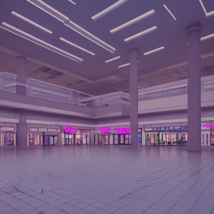 Image similar to vaporwave 8 0 s dreamy empty empty shopping mall, highly detailed, 3 d render, vray, octane, realistic lighting, photorealistic