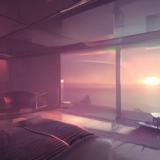 Image similar to futuristic virtual room, crisp, artstation, luxury, beautiful, dim painterly volumetric aquatic sunset lighting