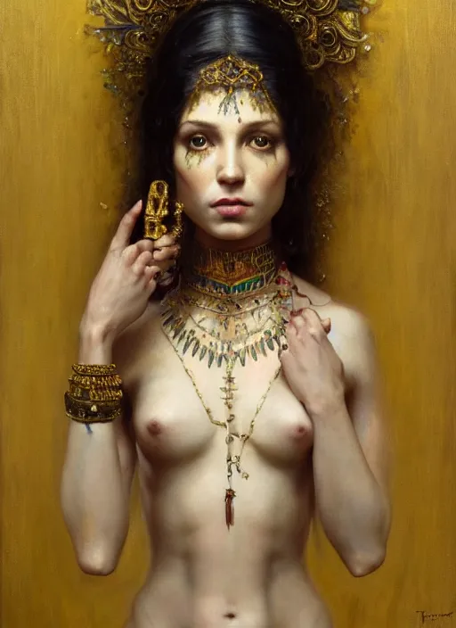 Image similar to highly detailed oil painting | very intricate | cinematic lighting | very detailed cute face | tribalfusion bellydancer fully dressed by alexander mcqueen | by roberto ferri, by tom bagshaw, by singer sargent and klimt, american romanticism, occult art | by austin osman spare, artstation, cgsociety, official art, octane