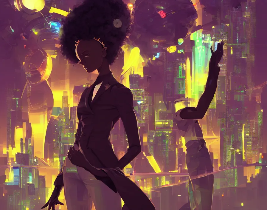 Image similar to afro - afrofuturism - futuristic philanthropists, business attire and money, cryto currency, hacking the financial multiverse | hyperrealistic digital art | by makoto shinkai, ilya kuvshinov, lois van baarle, rossdraws | afrofuturism, in the style of black is beltza, trending on artstation | dark color scheme