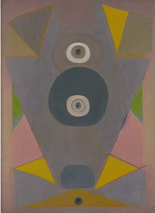 Image similar to squared eyeball with geometric shapes and patterns, muted color palette, symmetric, symbolist, abstract, spiritual art painting by Hilma At Klint