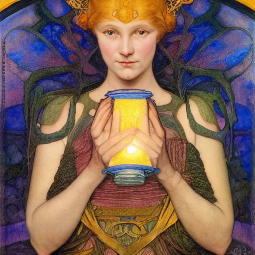 Prompt: the dawn queen with her lantern, by annie swynnerton and diego rivera and elihu vedder, symbolist, dramatic lighting, elaborate geometric ornament, art brut, soft cool colors, smooth, sharp focus, extremely detailed, leo and diane dillon, soft pastel colors