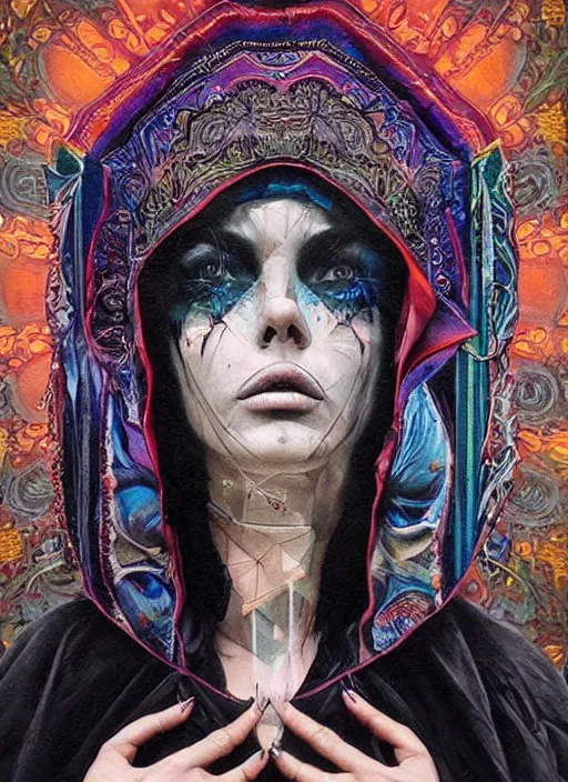 Image similar to beautiful tripping cult magic psychic woman, subjective consciousness psychedelic, epic occult ritual symbolism story iconic, dark robed witch, oil painting, robe, symmetrical face, greek dark myth, by Sandra Chevrier, masterpiece