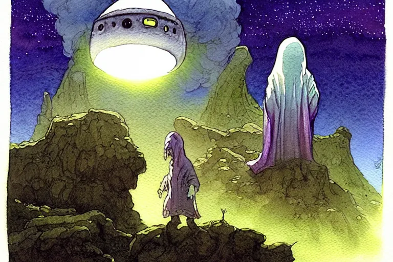 Image similar to a realistic and atmospheric watercolour fantasy character concept art portrait of a short chibi alien wearing robes emerging from the mist on the moors of ireland at night. a ufo is in the sky. by rebecca guay, michael kaluta, charles vess and jean moebius giraud