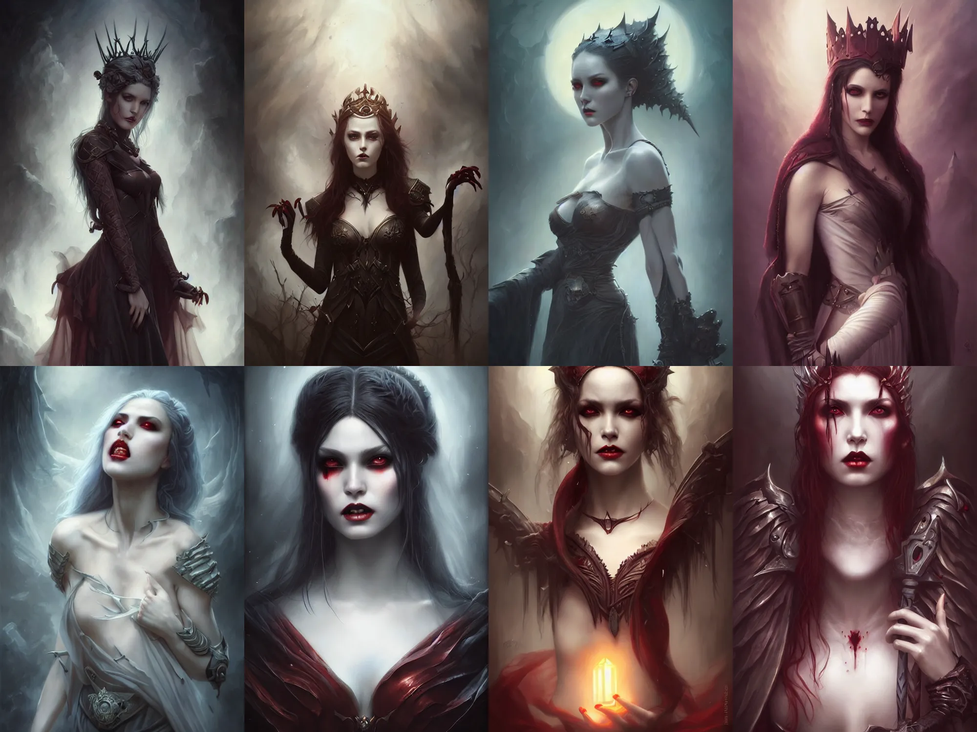 Prompt: a hauntingly beautiful vampire warrior queen, painted by artgerm and tom bagshaw, fantasy art, dramatic lighting, highly detailed oil painting