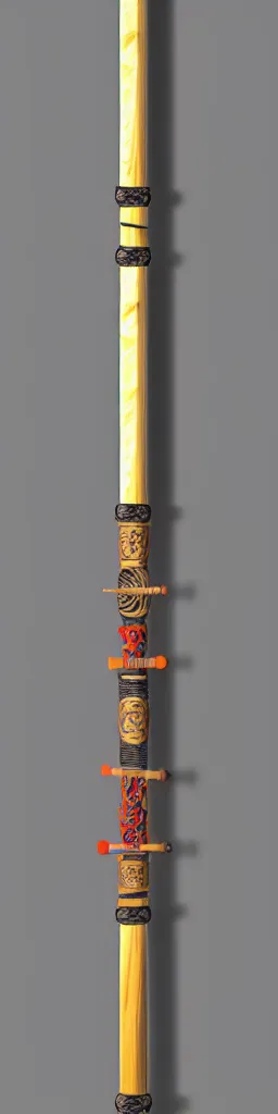 Image similar to single wooden long straight thin ninja fighting staff with oriental ornaments, weapon, highlight, vertical, centred, highly symmetric, sci - fi, fantasy, japan, dnd, close shot, bright uniform background, directional lighting, digital art, hyperrealism, award winning, 8 k