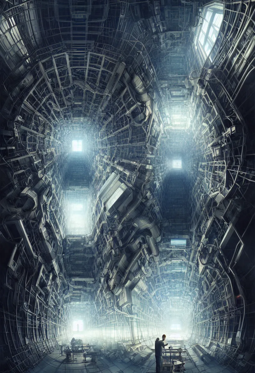 Image similar to man trapped inside cern large hadron collider, pulled apart, ultra high definition, ultra detailed, matte painting, by greg rutkowski and ross tran and wlop