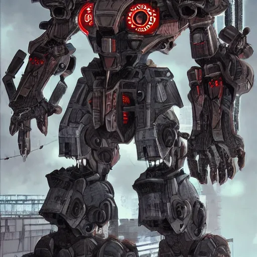 Image similar to a post-apocalyptic cyberpunk grimdarka mecha in the style of leonard boyarsky in the style of Yoji Shinkawa detailed realistic HD 8k High Resolution