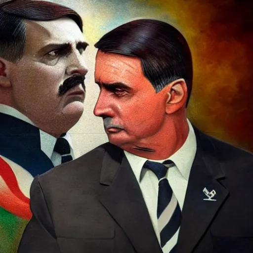 Image similar to hyperrealistic mixed media image of Jair bolsonaro and Adolph Hitler, stunning 3d render inspired art by István Sándorfi and Greg Rutkowski, perfect facial symmetry, realistic, highly detailed attributes and atmosphere, dim volumetric cinematic lighting, 8k octane extremely hyper-detailed render, post-processing, masterpiece,