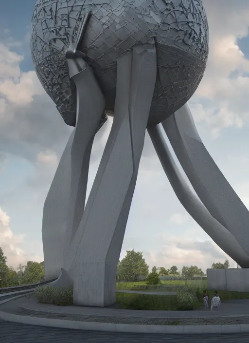 Image similar to highly detailed realistic architecture 3 d render of a futurisctic stele monument in the atomium brussels style standing near a highway, archdaily, made in unreal engine 4 octane render