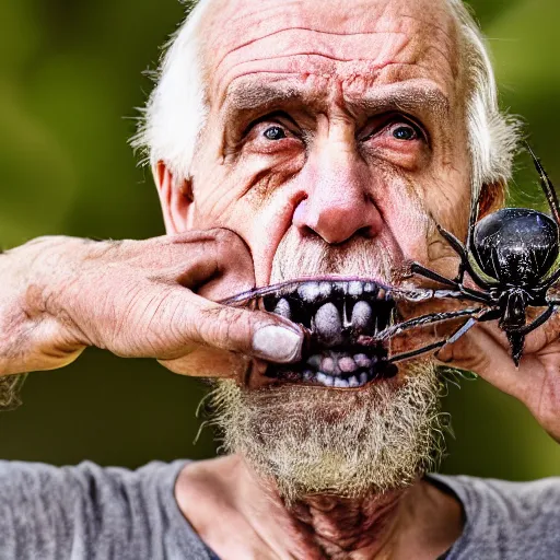 Image similar to National Geographic photo of angry old man with spiders in his mouth