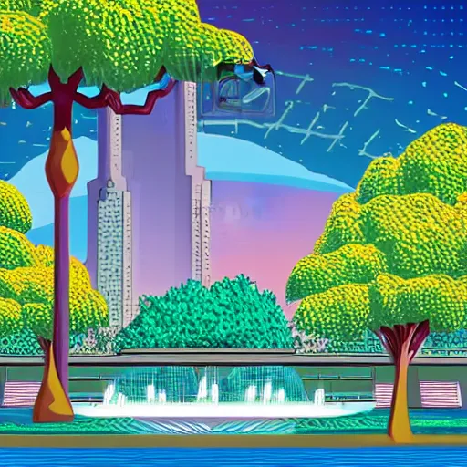 Image similar to art deco vaporwave illustration of a park with trees, benches, and a water feature, in a futuristic pastel city