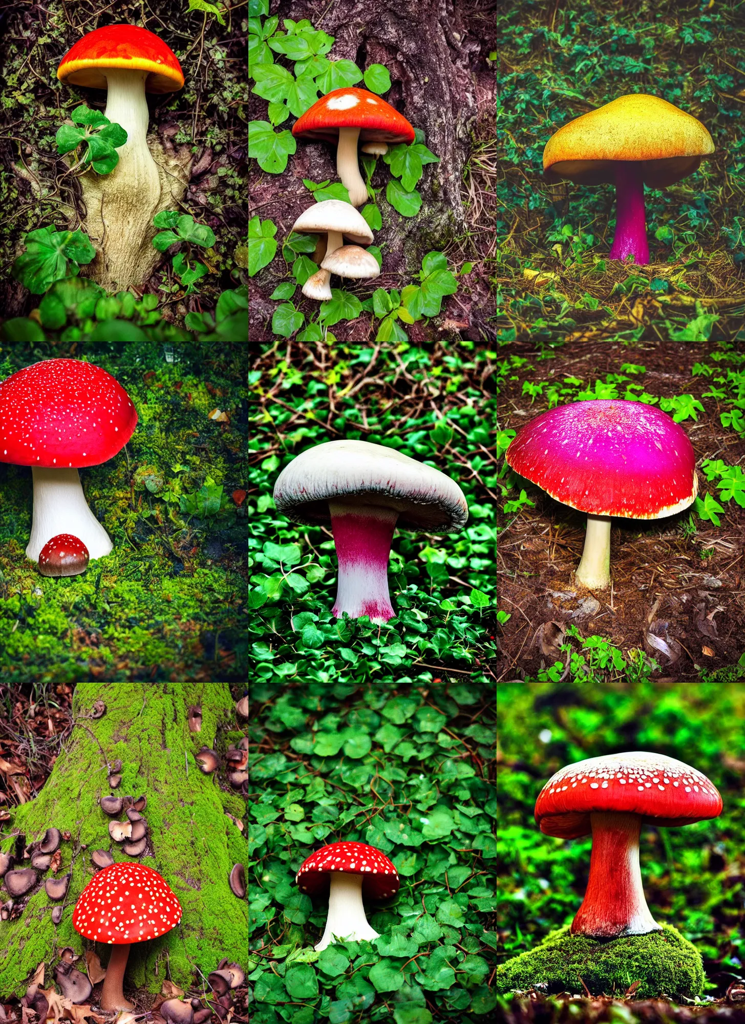 Prompt: award winning photo of a huge beautiful colorful mushroom on the smallest desaturated tree with ivy on the ground