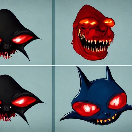 Image similar to front and back character view of scary, giant, mutant, mutated, dark blue humanoid bat, glowing red eyes, flying above a stormy ocean, sharp teeth, acid leaking from mouth, realistic, giant, bat ears, bat nose, bat claws, bat wings, furred, covered in soft fur, detailed, trending on artstation clean concept art and sheet that using unreal engine 5 render and hyper detailed 3D texture with cinematic software light 85mm f/1.4