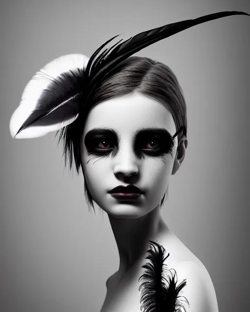 Image similar to surreal mythical dreamy dark artistic black and white fine art 3 / 4 portrait photo of a young delicate mutant female - orchid - bird - cyborg with feather hair, rim light, cinematic, studio dramatic light, poetic, octane render, 8 k, photo - realistic