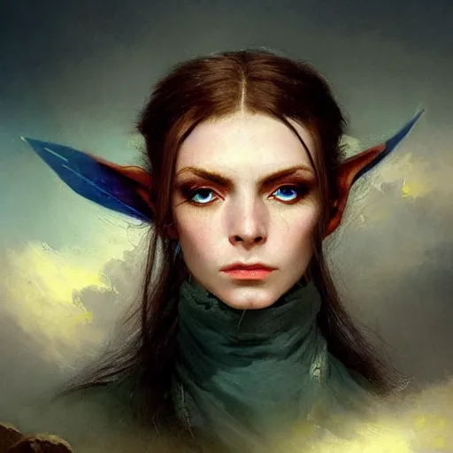 Prompt: three-quarters portait of an rogue girl with flowing brown hair, elf ears, david bowie eyes, heterochromia, highly detailed, painted, hyper-realistic, epic brushwork, 8k, surrealism, by Ivan Aivazovsky; by Aleksi Briclot; by Marc Simonetti